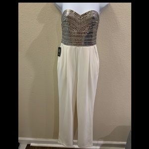 Ivory silver embellished strapless jumpsuit